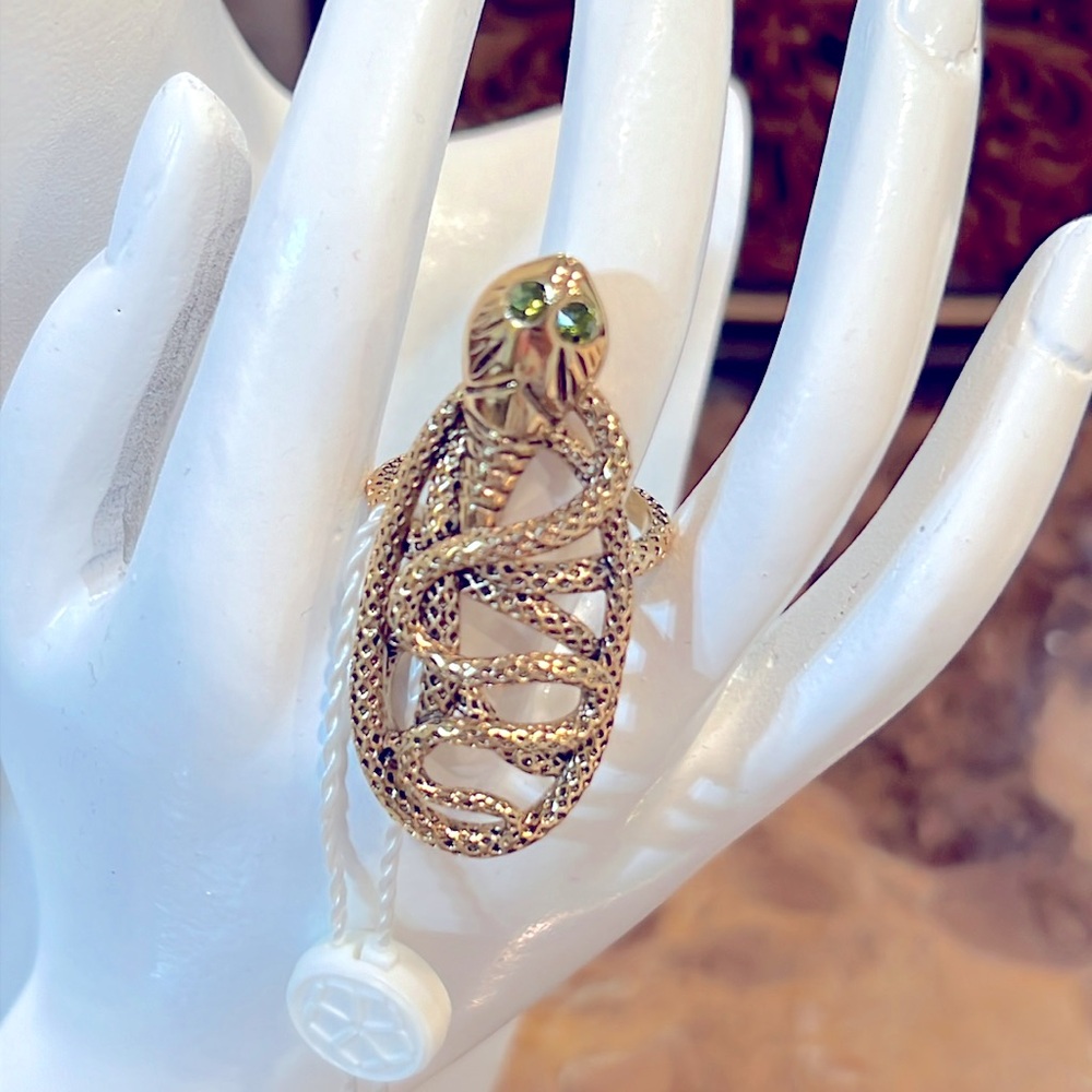 NWT-Trina Turk-Snake Charmer Ring-Gold Plated-Green Crystal Eyes-Sz 7